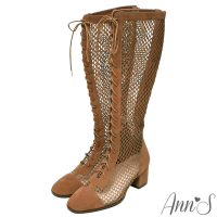 Ann’S狩獵風格-異材質拼接絨質網狀綁帶長靴-棕