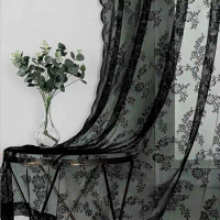 Black Lace Sheer Curtain Floral Lace Sheer Rod Pocket Curtain Panel Living Room Decoration Window Curtains Window Drape Shades
