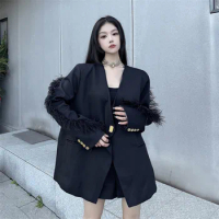 Fashion Feather Suit Jackets For Woman Black One Button Blazer Women Long Sleeve Office Ladies Work Elegant Winter Female Coats