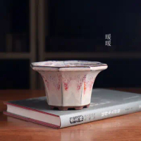 Ceramic Glazed Flower Vase Hexagon Carved Bonsai Pot Tradition Chinese Shape Garden Decoration