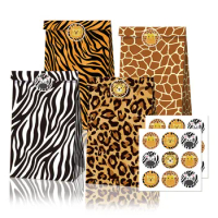 12pcs Candy Cookies Popcorn Kraft Bags Box Tiger Zebra Leopard Paper Bag Animal Jungle Theme Birthday Party Favors Gift Bags