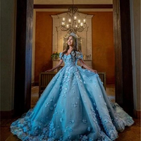Elvish Blue Lace 3D Flowers Ball Gown Quinceanera Dress Mexican Sweet 16 Dress Princess Corset Lace-up Vestidos De 15 Años