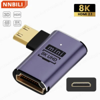 8K Right Angle Mini HDMI Male to HDMI 2.1 NNBILI Female Ultra HD Extended Gold Converter Adapter Supports 8K 60Hz HDTV