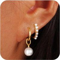 Gold Hoop Earrings for Women Dainty 14k Gold Plated Drop Small Hoop Pearl Earrings Studs Set Trendy