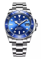 LIGE LIGE AUTOMATIC 中性潛水員不銹鋼自動上鍊手錶，藍色轉動表圈，鋼錶鍊上的藍色錶盤