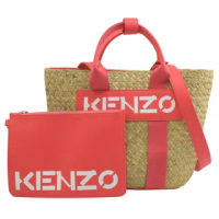 【KENZO】亮眼品牌英字LOGO撞色條紋手提兩用包草編包(桃邊)