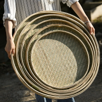 竹編簸箕無孔晾曬托盤 有孔竹篩子家用 農家廚房洗菜籃竹制品圓形