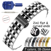 Flat Curved End Watch Band 18mm 19 20 21 22mm 24mm 26mm Stainless Steel Watchband Butterfly Buckle Replacement Watch Strap JYWZ