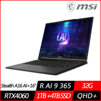 MSI微星 Stealth A16 AI+ A3HVFG-058TW 16吋電競筆電 Ryzen AI 9 365/RTX4060/32G/1TB+4TB PCIe SSD/Win11/特仕版)
