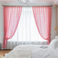 粉色綠色透光復古鏤空窗簾成品鉤針北美鄉村布藝落地窗紗定制飄窗