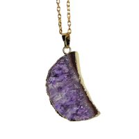 2023 Natural Purple Crystals Necklaces Druzy stone moon pendant for jewelry women's raw amethyst crystal quartz Geode