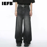 IEFB Worn Out Male Jeans Vintage Gradient Color Abrade Stripe Men Straight Denim Pants Wide Leg Trou