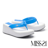 【MISS 21】時髦復古超高堆疊層次羊皮人字厚底拖鞋(藍)
