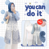 One Set Remaja Dewasa Baju Lebaran ( Tunik Brukat, Manset, Celana, Hijab, FREE Scrunchi KL057