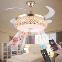 US 42 Inch Retractable Invisible Ceiling Fan with Light and Bluetooth Speaker, Modern Bluetooth Fan Chandelie