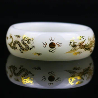 Natural white jade bangles for women handmade dragon phoenix and jade bracelet for women