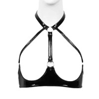 Plus Size XXXL Sexy Woman Leather Strap Body Harness Exposed Breasts Bra Open Breast Neck Collar Bondage Adult