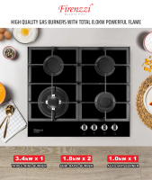 Firenzzi 60cm 4 Burners 8mm Tempered Glass Gas Hobs FH-6408 BK With Safety Device