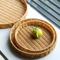 日式托盤圓形果盤零食面包籃家用茶幾茶具茶盤仿藤編織廚房瀝水盤