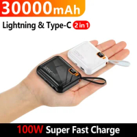 30000mah Portable Power Bank PD100W Detachable USB to TYPE C Cable Two-way Fast Charger Mini Powerbank for iPhone Samsung Xiaomi