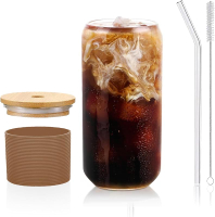 Glass Cup with Bamboo Lid and Straw 1 PackGlass Tumbler for Iced CoffeeMatchaJuiceSmoothieBeer Mason