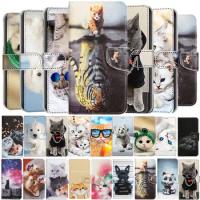 Cute Cat Dog Case For Samsung Galaxy S21 Fe S22 S23 Plus Ultra Animal Painted Wallet Card Holder Stand Leather Flip Book Cover