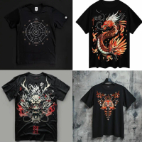 Gaya Cina, naga.Baju T-Shirt Lengan Pendek Kapas,Fashion Santai untuk Lelaki dan Perempuan,Corak Cet