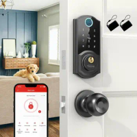 Fingerprint Front Door Deadbolt Set with Knobs, Smart Digital Bluetooth Keypad Lockset with Auto Lock, APP, Fobs,Code for Rental