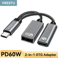 USB Type-C Hub USB-C to PD3.0 USB 2.0 Adapter OTG Convertor PD 60W for MacBook Pro/Air/Huawei P50 S22 iPad Pro Mouse Keyboard PC