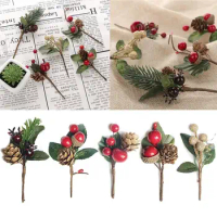 5pcs Artificial Flower Fake Frost Pine Branch Cone Berry Holly Diy Xmas Tree Ornament Home Christmas Decor Supplies Gift