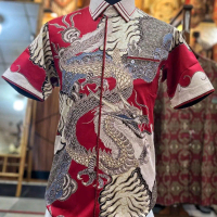 KEMEJA BATIK SMOCK MOTIF NAGA MERAH KATUN SILK ATBM LENGAN PENDEK FULL TRIKOT ADEM SUPER PREMIUM THA
