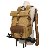 Roll Top Camera Backpack DSLR Waterproof Vintage Travel Canvas Rucksack 15inch Laptop Backpack for Camera With Tripod Holder