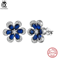 ORSA JEWELS 925 Sterling Silver Created Sapphire Flower Stud Earrings for Women Shniy 5A Zircon Earrings Wedding Jewelry LZE21