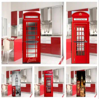 3D red phone booth wallpaper refrigerator waterproof wall sticker Kitchen refrigerator door poster mural
