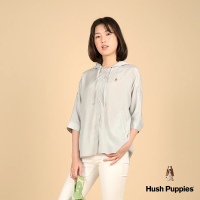 【Hush Puppies】女裝 襯衫 輕薄開襟寬袖連帽襯衫(淺綠 / 43212102)