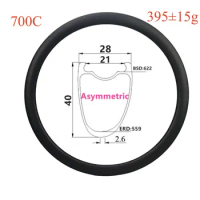 Assymetric Carbon Road Rims, 28mm Width, 40mm Depth, Tubeless Ultralight Rim, 700C, 385g Only