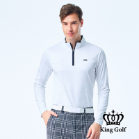 【KING GOLF】男款薄款立領拉鍊半截迷彩KG印花長袖POLO衫/高爾夫球衫-白色