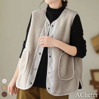 【ACheter】雙面穿羊羔毛復古文藝寬鬆無袖燈芯絨短版背心外套#119876(米白/卡其/棕)