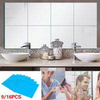 9/16Pcs Mirror Wall Stickers DIY Self Adhesive Square Foil Films Home Decoration Sticker Supplies Living Room Bathroom 15x15cm
