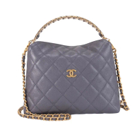 【CHANEL 香奈兒】粒面牛皮鍊帶手提包(灰色)