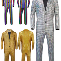 Retro 70S 80S Disco Dance Cosplay Costume Colorful 70S Vintage Coat Pants Set Halloween Carnival Suit Disguise Male Men Adult