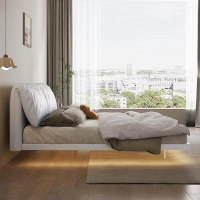 極簡懸浮床2022年新款主臥懸空床現代輕奢帶軟靠感應燈實木雙人床