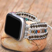 Exclusive Obsidian Wax Rope Handmade Knit Apple Watch Strap Natural Stone BOHO Apple Watch Band Wholesale&amp;Dropshipping