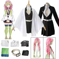 Anime Kanroji Mitsuri Kostum Cosplay Kimono Haori Jubah Rambut Palsu Set Pakaian Halloween untuk Kan