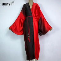 WINYI 2023 Women Bohemian Gradual printing dress African Cardigans Outerwear For Women kaftan Summer Sexy silk feeling kimono