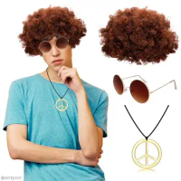 Fun Costume Set Funky Afro Wig Sunglasses Necklace For 50s, 60s, 70s Theme Party Costume Men 80s Style Party Clothes Accessories