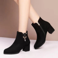 Female Flock Ankle Boots Women 2023 Autumn and Winter All-match Suede Leather Square Heel Short Chelsea Boots New Beige Black
