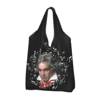 Custom Beethoven With Flying Music Notes Shopping Bags Women Portable Large Capacity Groceries Musician Shopper Tote Bags