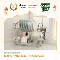GHL - Rak Piring Stainless Steel Minimalis 2 Susun Dilengkapai Gantungan Gelas & Peralatan Makan