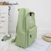 Women Girl Canvas Backpack Green Daisy Embroidery Travel Student School Bag